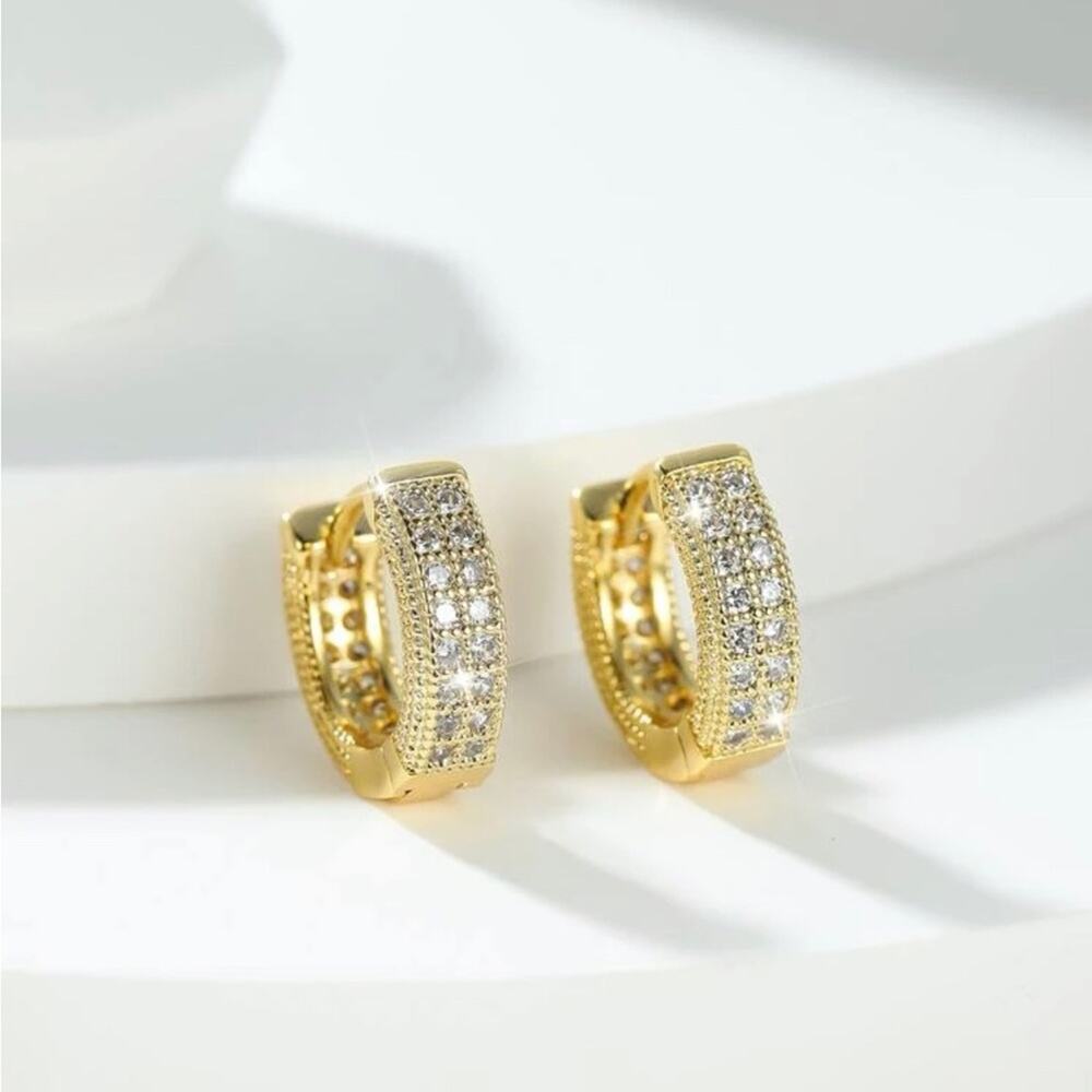 Unisex Gold Plated Huggie Hoop Earrings Clear CZ Rhinestone Sparkle 1.3cm